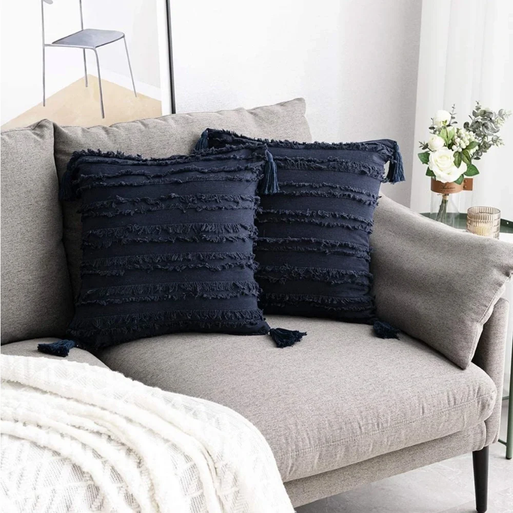Luxury Home | Navy Blue Striped Frayed Jaquard Corner Tassel Throw Pillow Covers
